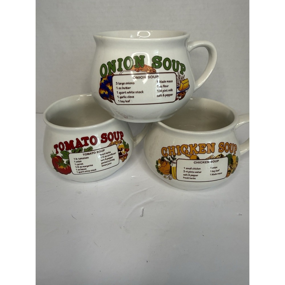 Dail Do-It Inc. Ceramic Soup Mugs Set of 3 Recipe Print Onion Tomato Chicken